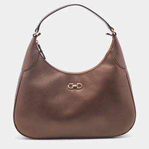 Pre Owned Salvatore Ferragamo Metallic Brown Leather Gancini Romana Hobo