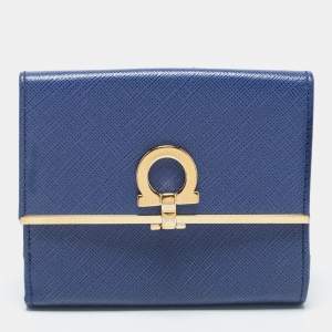 Salvatore Ferragamo Blue Leather Gancini Clip Compact Wallet