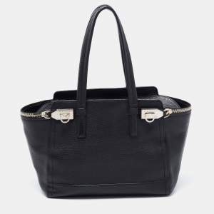 Pre Owned Salvatore Ferragamo Black Grained Leather Medium Verve Tote