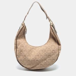 Pre Owned Salvatore Ferragamo Beige/Brown Leather And Canvas Hobo