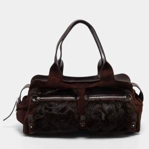 Salvatore Ferragamo Dark Brown Suede, Leather and Fur Double Zip Shoulder Bag