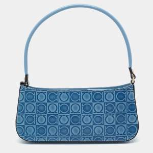  Salvatore Ferragamo Blue Gancio Embossed Leather Baguette Bag