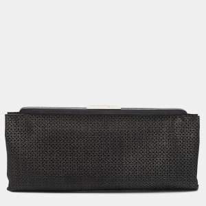 Pre Owned Salvatore Ferragamo Black Gancini Print Lurex Frame Long Clutch