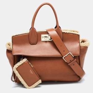 Salvatore Ferragamo Brown Leather and Shearling The Studio Top Handle Bag