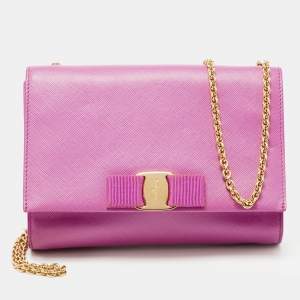 Pre Owned Salvatore Ferragamo Pink Leather Vara Bow Chain Bag