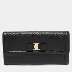 Salvatore Ferragamo Black Leather Vara Bow Continental Wallet