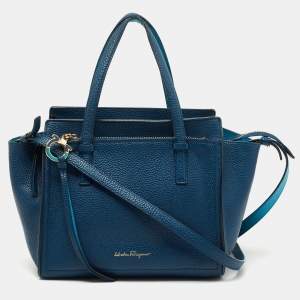 Pre Owned Salvatore Ferragamo Two Tone Blue Leather Small Amy Tote