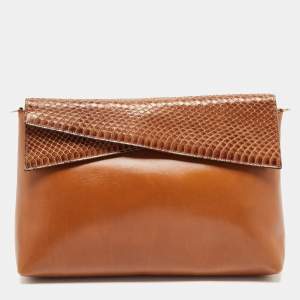 Salvatore Ferragamo Brown Python and Leather Flap Clutch Bag