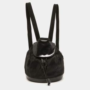 Salvatore Ferragamo Black Printed Nylon and Glossy Leather Buckle Flap Backpack