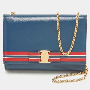 Pre Owned Salvatore Ferragamo Blue Leather Striped Vara Bow Chain Bag