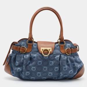 Salvatore Ferragamo Blue/Tan Signature Canvas and Leather Marisa Satchel