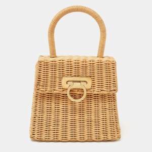 Pre Owned Salvatore Ferragamo Beige Raffia Limited Edition 31/100 Gancini Wicker Top Handle Bag