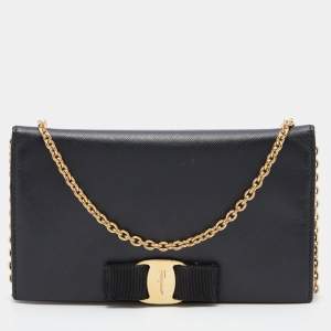 Salvatore Ferragamo Black Leather Vara Bow Wallet on Chain