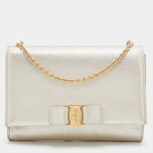 Salvatore Ferragamo Gold Leather Vara Bow Chain Clutch