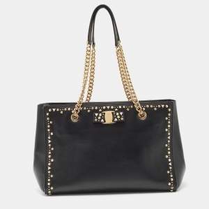 Salvatore Ferragamo Black Leather Medium Studded Melike Tote