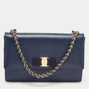 Salvatore Ferragamo Dark Blue Leather Vara Bow Chain Shoulder Bag