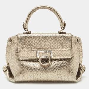 Salvatore Ferragamo Metallic Snakeskin Leather Mini Sofia Top Handle Bag