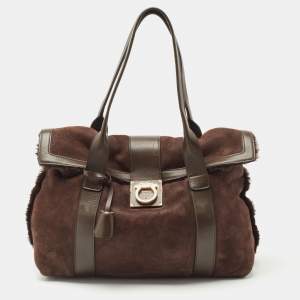 Salvatore Ferragamo Dark Brown Shimmer Nubuck and Leather Gancio Flap Tote