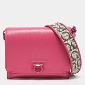 Pre Owned Salvatore Ferragamo Pink/Beige Leather Trifolio Crossbody Bag