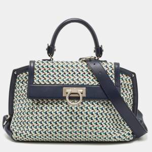 Salvatore Ferragamo Navy Blue Woven Leather Medium Sofia Top Handle Bag