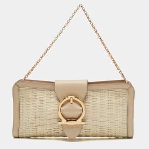 Salvatore Ferragamo Beige/Off White Woven Leather Gancini Chain Clutch