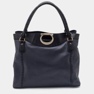 Salvatore Ferragamo Black Leather Whipstitch Gancini Tote