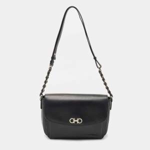 Salvatore Ferragamo Black Leather Gancini Flap Shoulder Bag