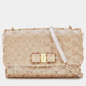 Salvatore Ferragamo Gold Sequin and Leather Vara Bow Shoulder Bag
