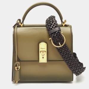 Salvatore Ferragamo Olive Green Leather Medium Boxyz Top Handle Bag