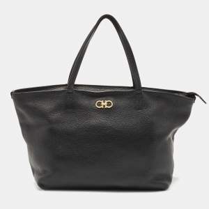 Salvatore Ferragamo Black Leather Gancini Zip Tote