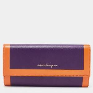 Pre Owned Salvatore Ferragamo Purple/Orange Saffiano Leather Flap Continental Wallet