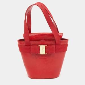 Salvatore Ferragamo Red Lizard Embossed Leather Mini Bow Tote