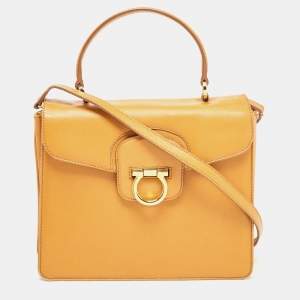 Salvatore Ferragamo Mustard Leather Kelly Top Handle Bag