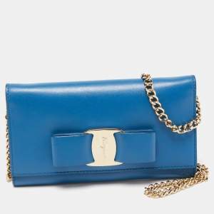Salvatore Ferragamo Blue Leather Vara Bow Wallet on Chain