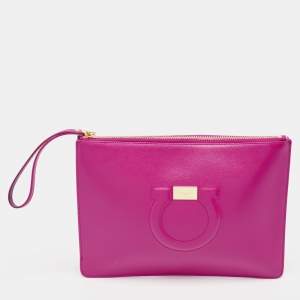 Salvatore Ferragamo Pink Leather Gancini Embossed Wristlet Zip Pouch
