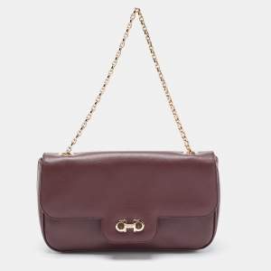 Pre Owned Salvatore Ferragamo Burgundy Leather Gancini Flap Chain Shoulder Bag
