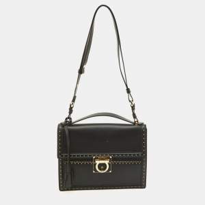 Salvatore Ferragamo Black Grommets Leather Marisol Top Handle Bag
