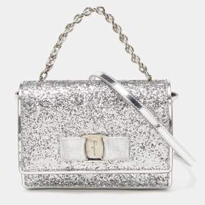 Salvatore Ferragamo Silver Glitter and Laminated Leather Top Handle Bag