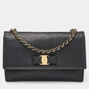 Salvatore Ferragamo Black Leather Vara Bow Chain Shoulder Bag