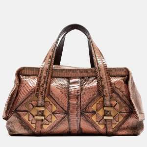 Pre Owned Salvatore Ferragamo Brown/Beige Water Snakeskin Satchel