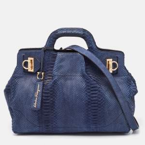 Pre Owned Salvatore Ferragamo Navy Blue Python Gancini Satchel