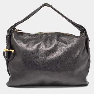 Salvatore Ferragamo Black Leather Stitch Handle Hobo