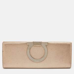 Salvatore Ferragamo Metallic Beige Leather Musa Gancini Clutch