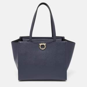 Salvatore Ferragamo Navy Blue Leather Gemini Tote