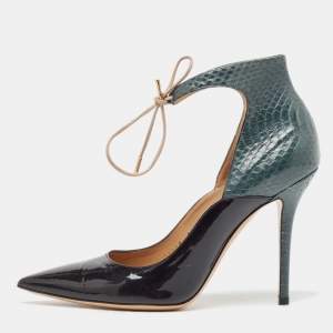 Pre Owned Salvatore Ferragamo Black/Green Patent Leather and Snakeskin Lace Up Pumps Size 38.5