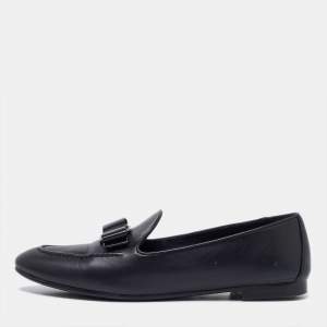 Salvatore Ferragamo Black Leather Bow Smoking Slippers Size 38.5