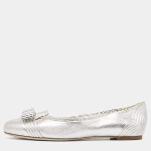 Salvatore Ferragamo Silver Leather Varina Bow Ballet Flats Size 39