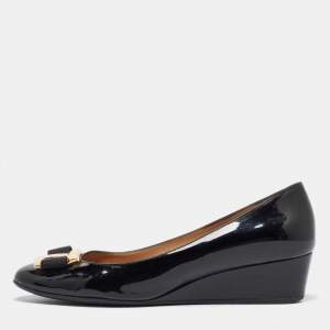 Pre Owned Salvatore Ferragamo Black Patent Leather Ninna Wedges Pumps Size 39