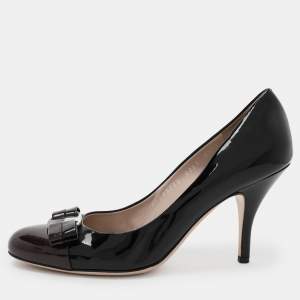 Salvatore Ferragamo Black/Burgundy Patent Leather Bow Pumps Size 38
