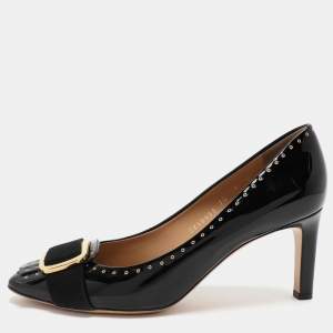 Pre Owned Salvatore Ferragamo Black Patent Leather Embellished Pumps Size 39.5